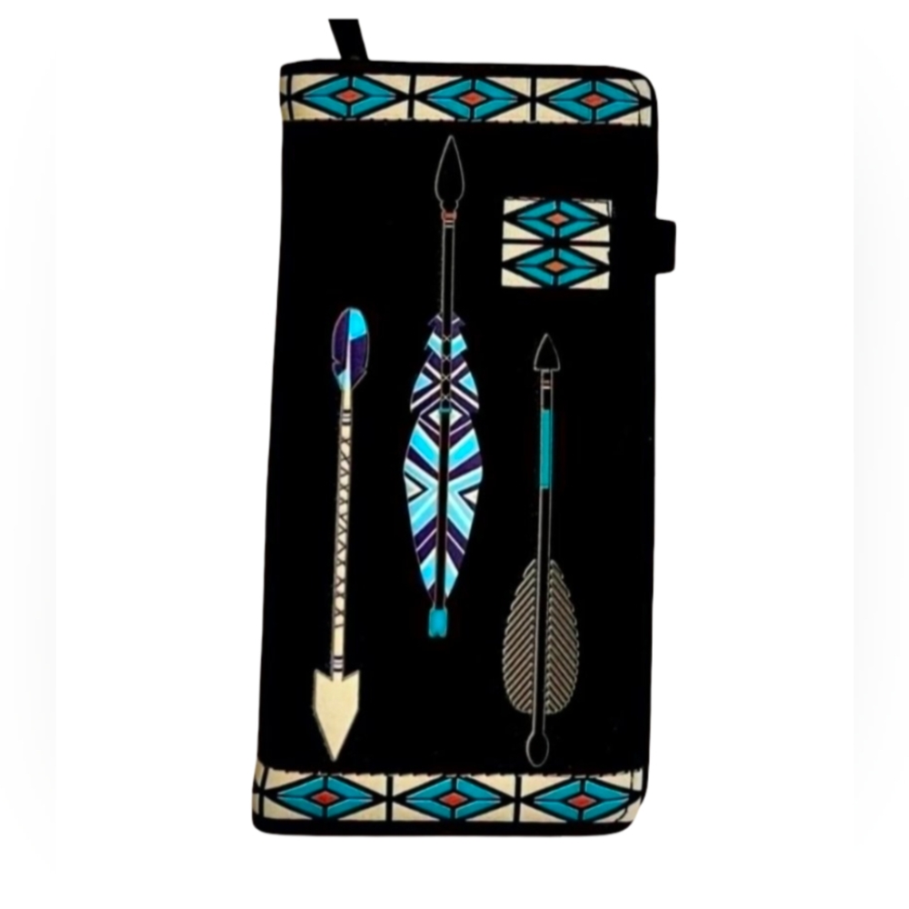 Shagwear Wallet Vegan Leather Aztec Arrow Indigenous Clutch Purse Black - Picture 2 of 7